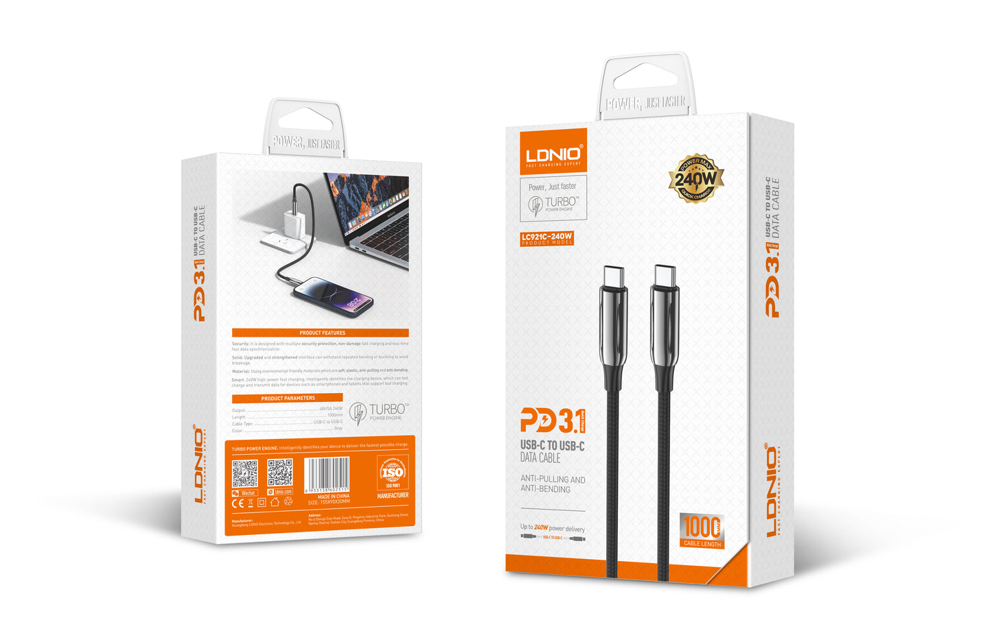 كابل شحن بيانات USB-C إلى USB-C — قدرة 240 واط PD3.1، سرعة نقل حتى 480Mbps، بطولين 1م و2م