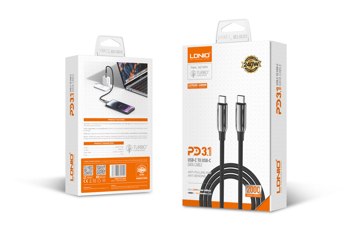 کەیبڵی شەحنی داتای USB-C بۆ USB-C — توانای 240 وات PD3.1، خێرایی گواستنەوە تا 480Mbps، بە دوو درێژیی 1م و 2م