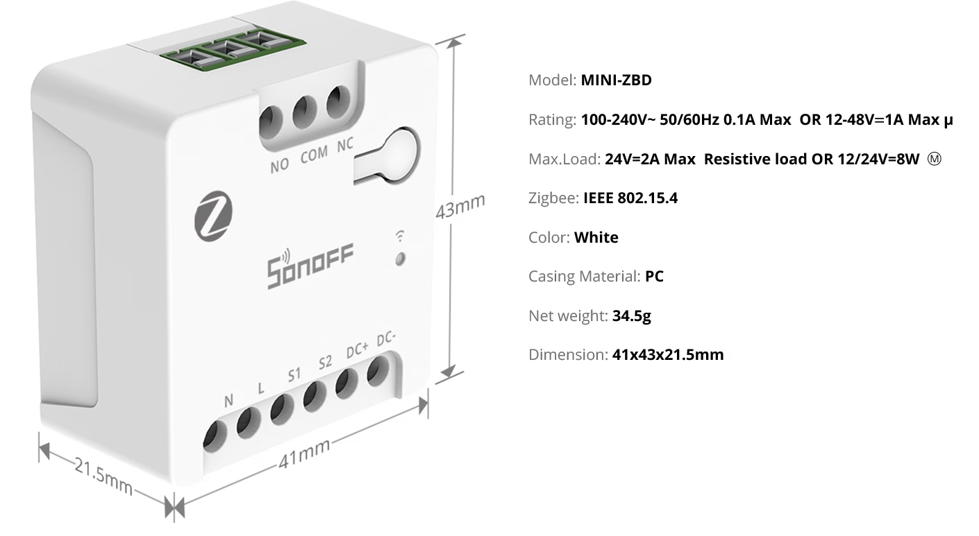 مفتاح سونوف ميني الذكي بتوصيل جاف (Zigbee) | MINI-ZBD