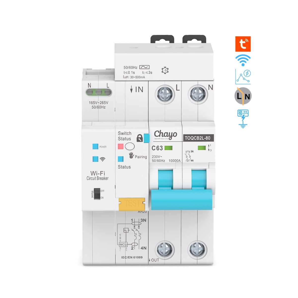 قاطع حماية ذكي 2P (RCBO) مع Wi-Fi – متوافق مع Tuya / Smart Life