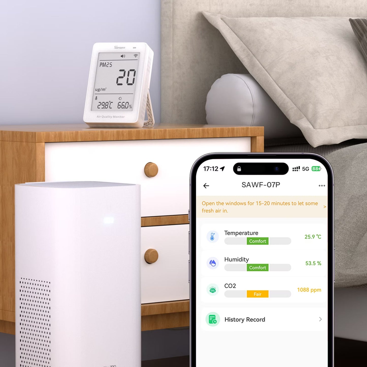 جهاز سونوف AirGuard الذكي لمراقبة جودة الهواء (PM2.5/PM10) بتقنية (Matter عبر Wi-Fi) | SAWF-07P