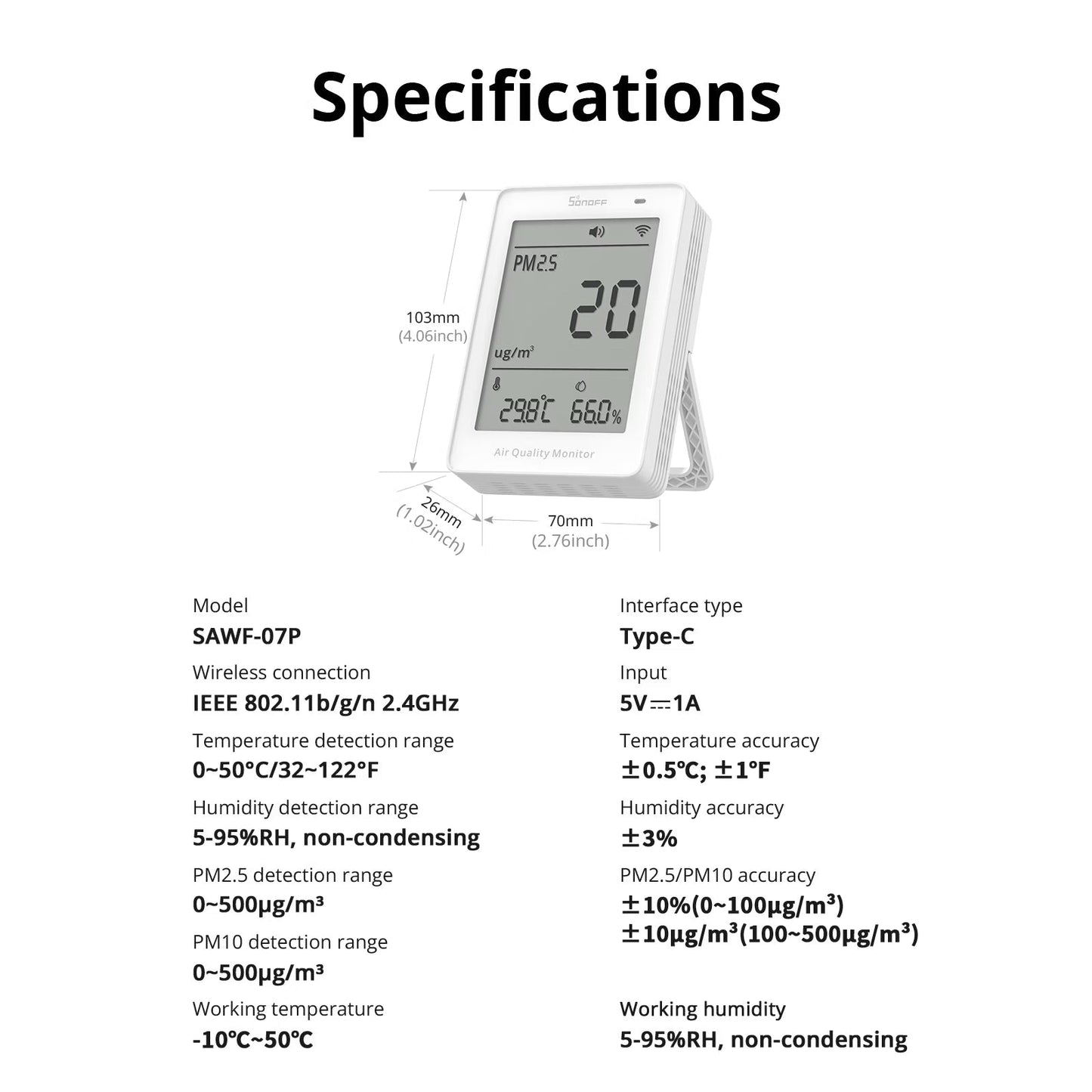 جهاز سونوف AirGuard الذكي لمراقبة جودة الهواء (PM2.5/PM10) بتقنية (Matter عبر Wi-Fi) | SAWF-07P
