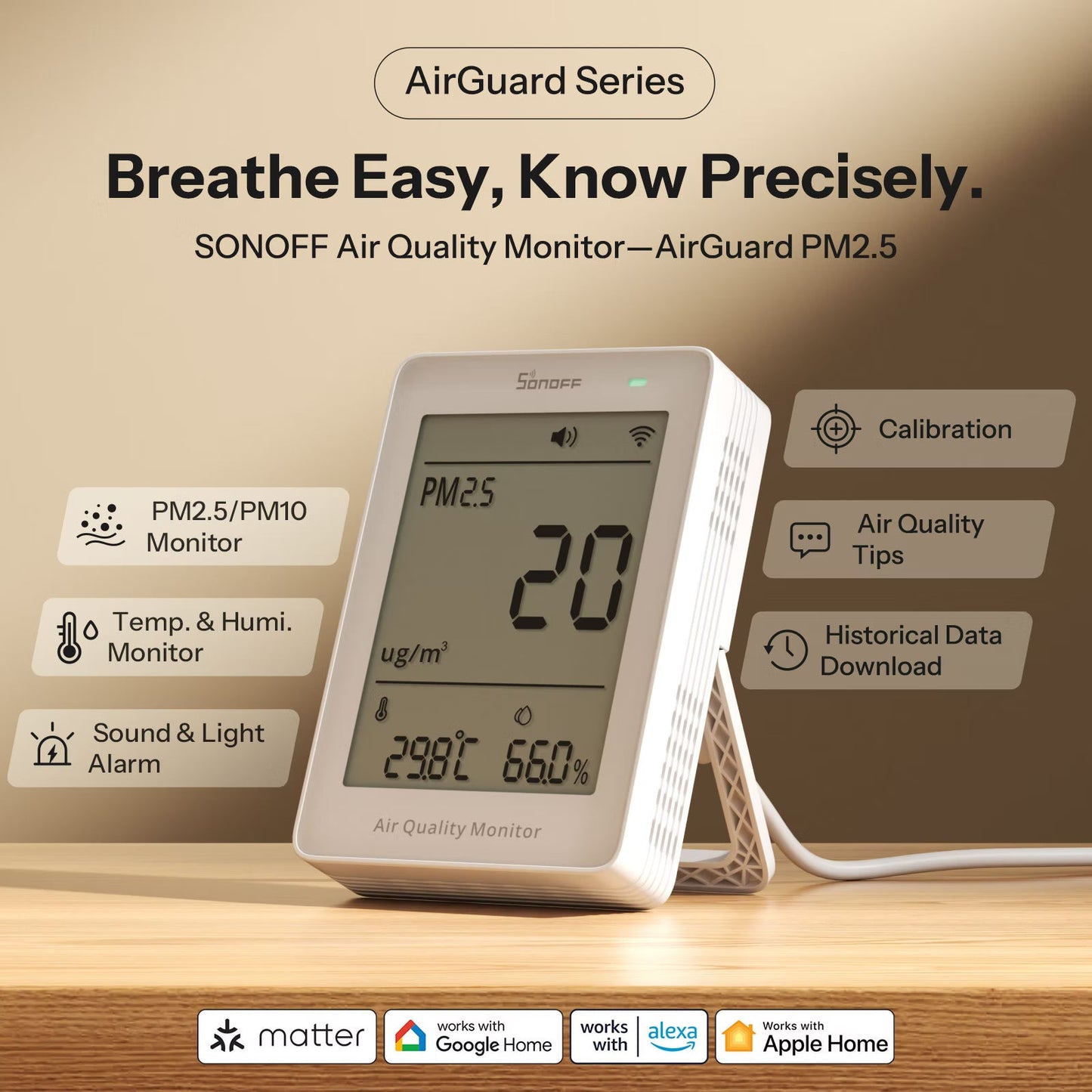 جهاز سونوف AirGuard الذكي لمراقبة جودة الهواء (PM2.5/PM10) بتقنية (Matter عبر Wi-Fi) | SAWF-07P