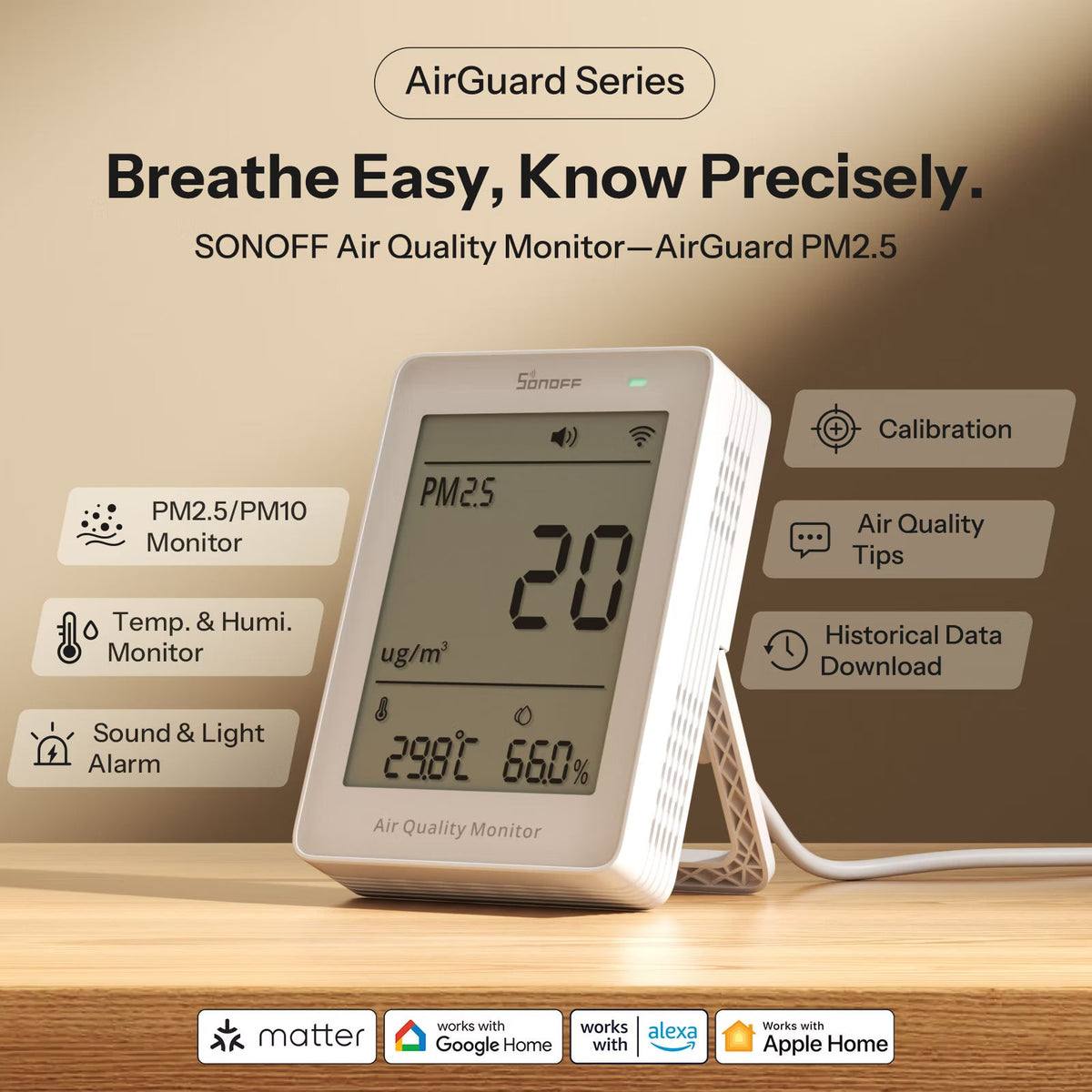 ئامێری زیرەکی Sonoff AirGuard بۆ چاودێریکردنی کوالێتی هەوا (PM2.5/PM10) بە تەکنەلۆژیای (Matter لە ڕێگەی Wi-Fi) | SAWF-07P