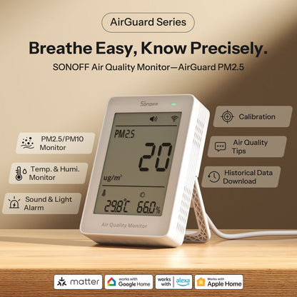 جهاز سونوف AirGuard الذكي لمراقبة جودة الهواء (PM2.5/PM10) بتقنية (Matter عبر Wi-Fi) | SAWF-07P