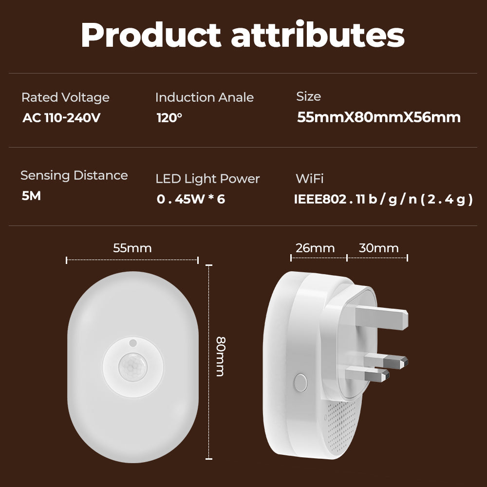 Smart color-changing WiFi night light with motion sensor and voice control – works with Tuya, Alexa, and Google.