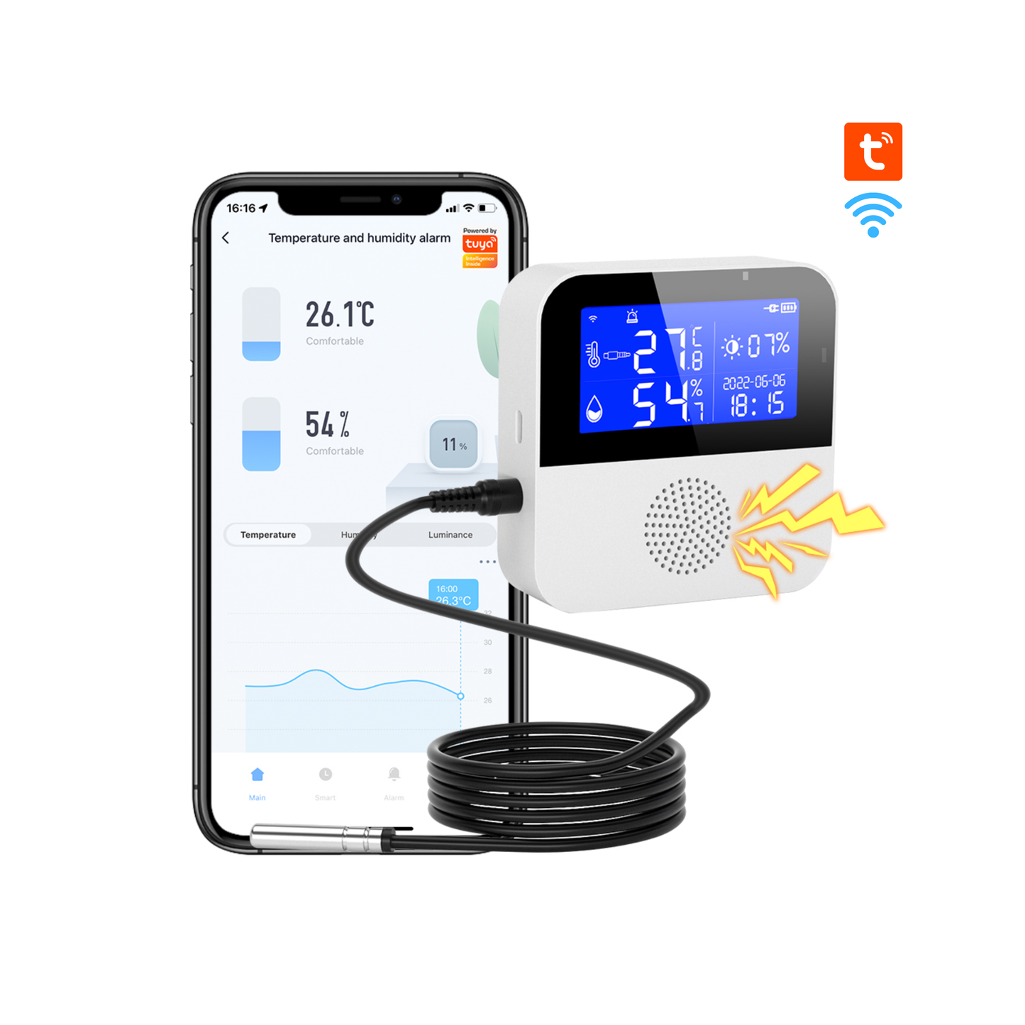 جهاز قياس درجة الحرارة والرطوبة الذكي مع مسبار خارجي + إنذار صوتي