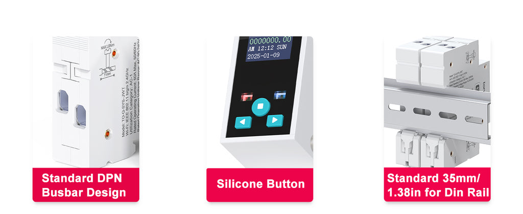 TO-Q-SYS-JWT product details: busbar terminals, front buttons and 35 mm DIN-rail mount.