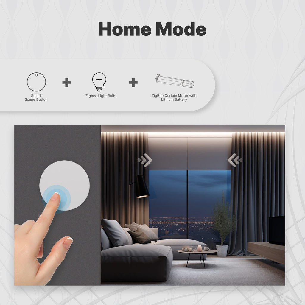MOES SYT-ZB01 scene example with compatible Zigbee lights and curtain motor, sold separately