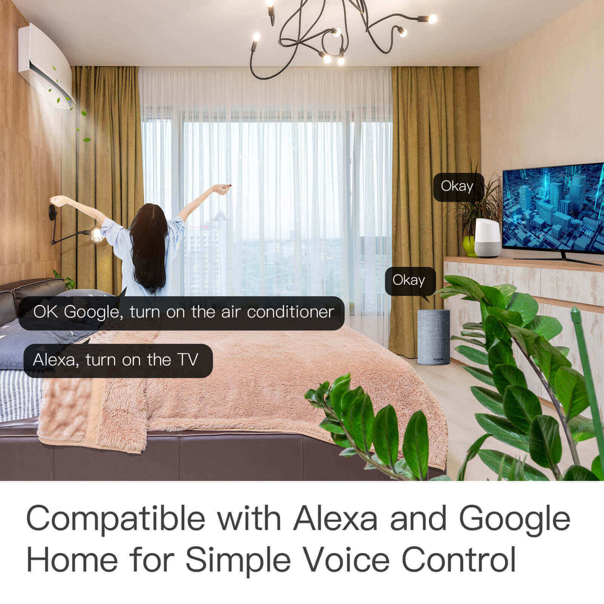 مثال MOES UFO-R11 للتحكم الصوتي بتلفاز أو مكيف متوافق عبر Alexa وGoogle؛ بحسب دعم الجهاز والتكامل.