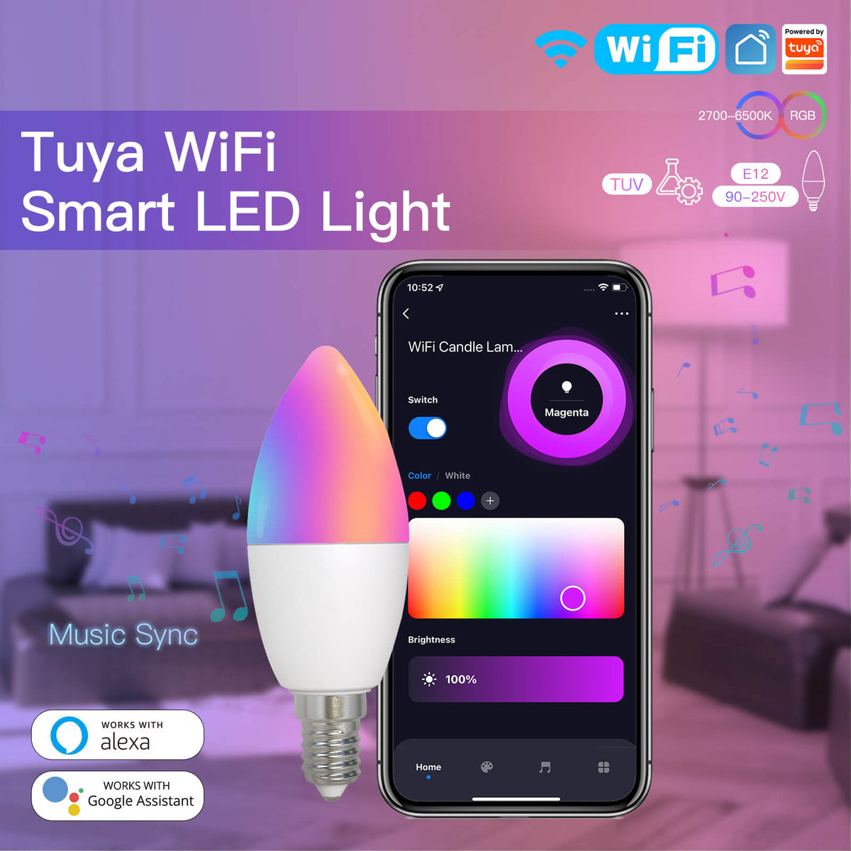 E14 Smart Bulb - WIFI (Music Sync) - Multicolor 6W - Tuya App