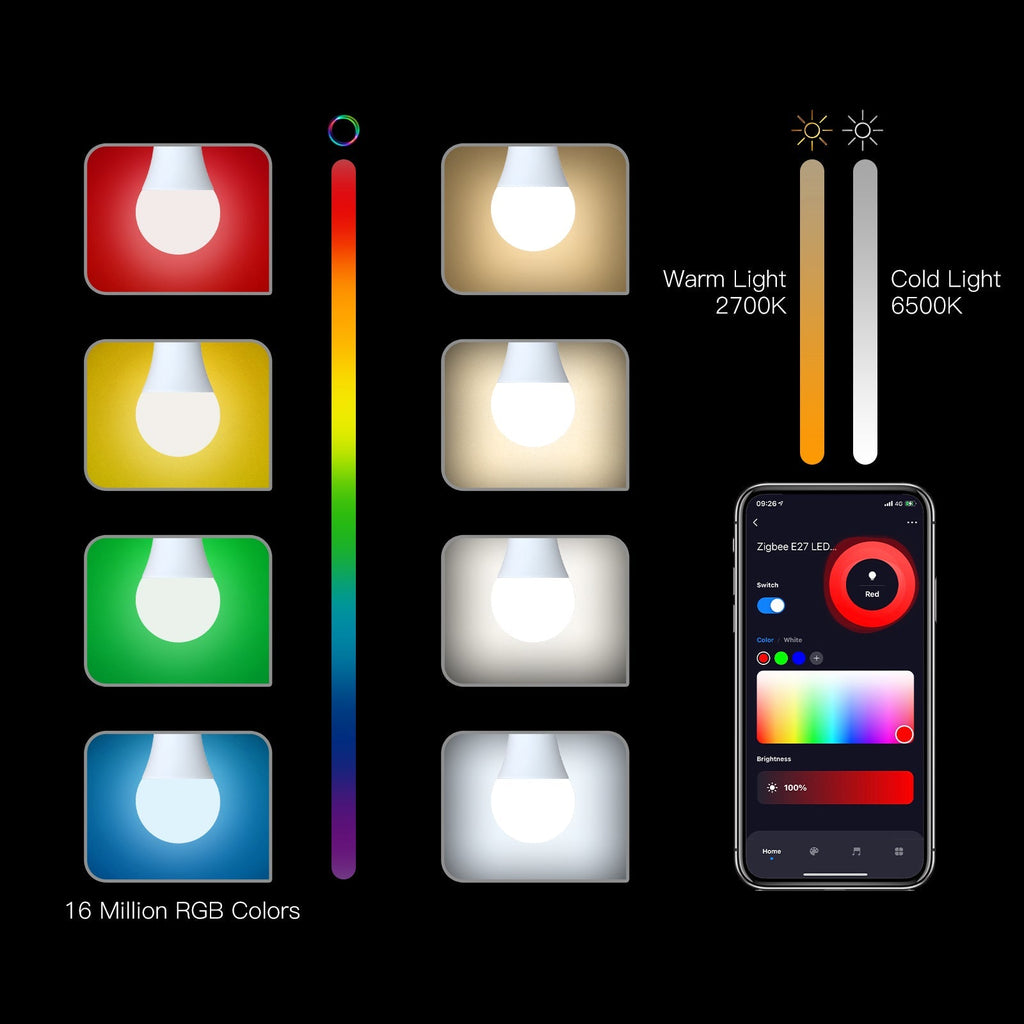 Zigbee E27 9W Smart Bulb (RGB+CCT) — Full control of color and brightness 