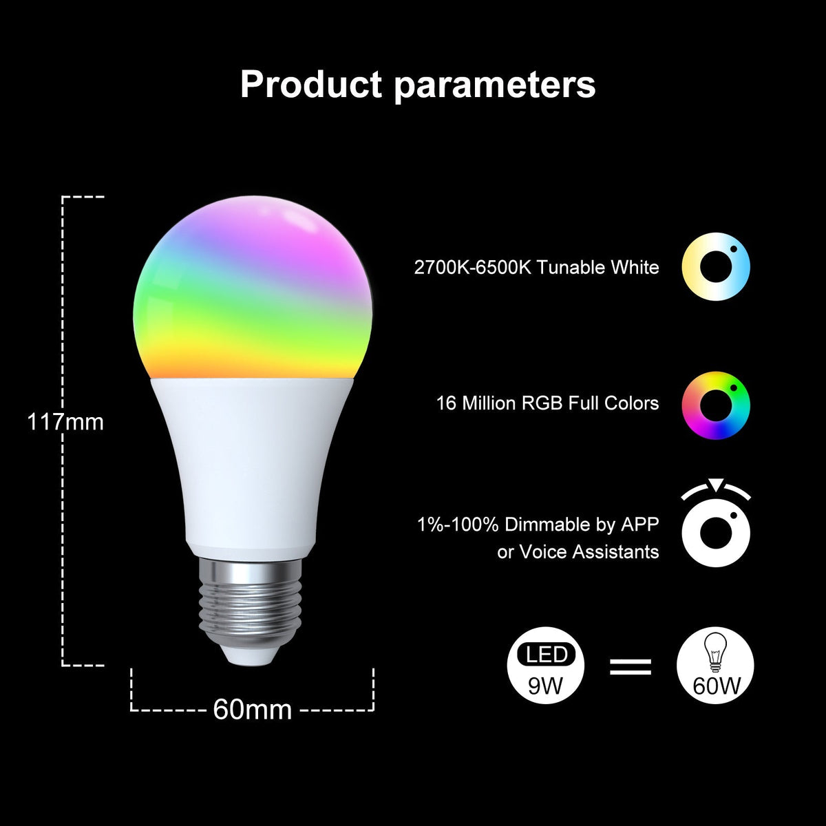 Zigbee E27 9W Smart Bulb (RGB+CCT) — Full control of color and brightness 