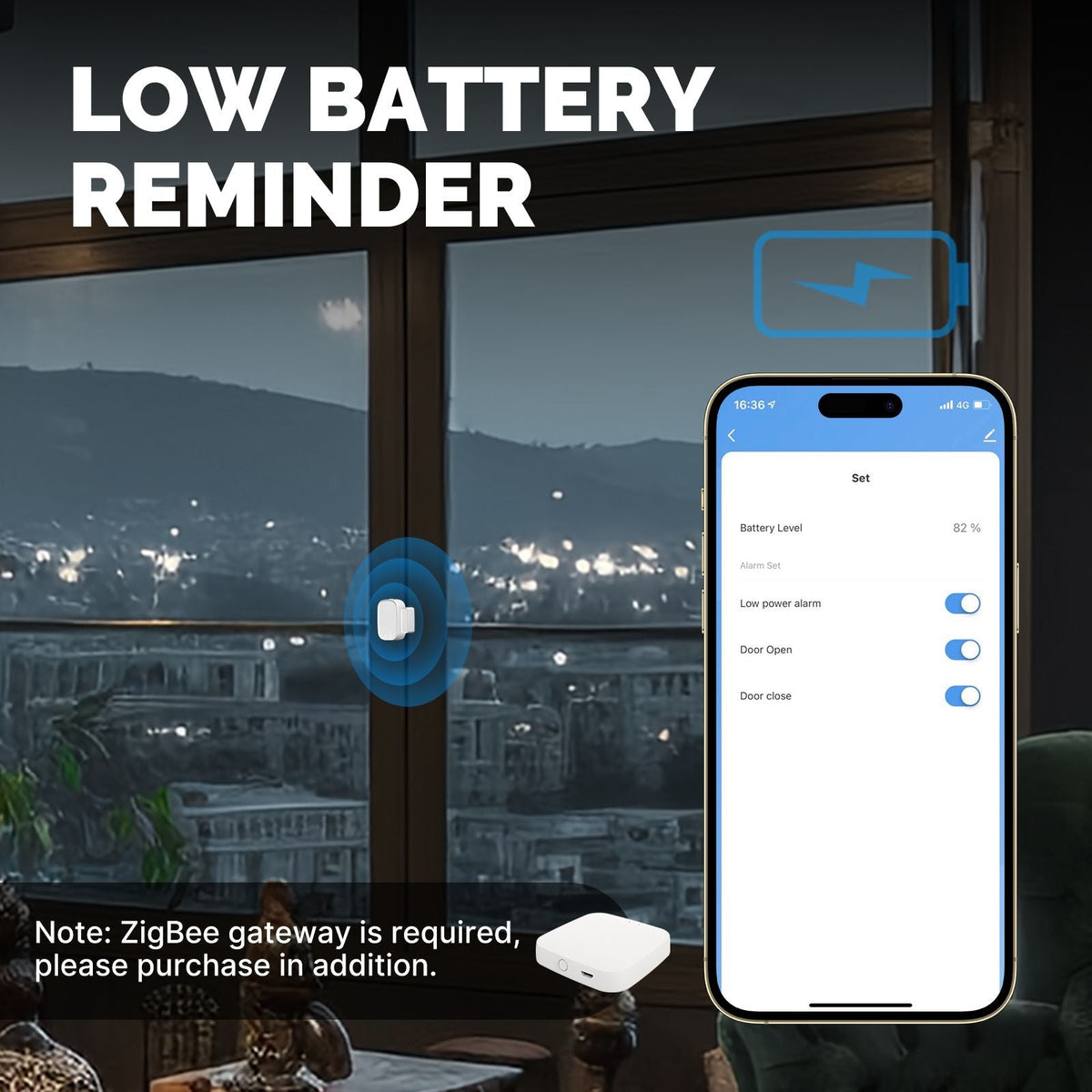 إعداد تنبيه انخفاض بطارية MOES ZSS-S01-GWM-C عبر بوابة Zigbee متوافقة؛ النسبة المعروضة مثال.