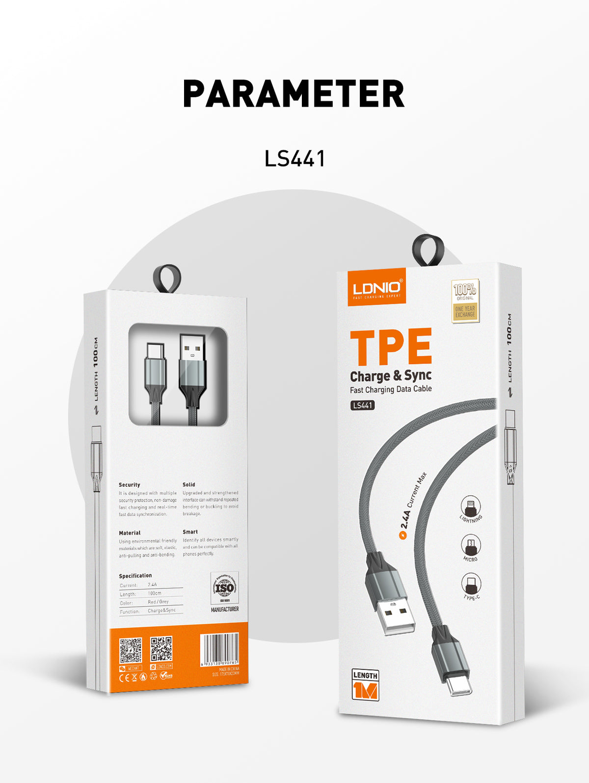 کەیبڵێکی بارگاویکردنی خێرا (2.4 ئەمپێر) بە درێژیی 1 مەتر (USB-A بۆ LIGHTING)، دروستکراو لە ماددەی TPE ی بەهێز و دژە چەمانەوە، بۆ بارگاویکردن و گواستنەوەی داتا.