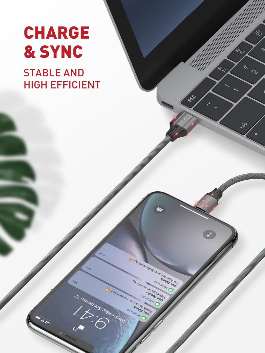 کەیبڵێکی بارگاویکردنی خێرا (2.4 ئەمپێر) بە درێژیی 1 مەتر (USB-A بۆ LIGHTING)، دروستکراو لە ماددەی TPE ی بەهێز و دژە چەمانەوە، بۆ بارگاویکردن و گواستنەوەی داتا.