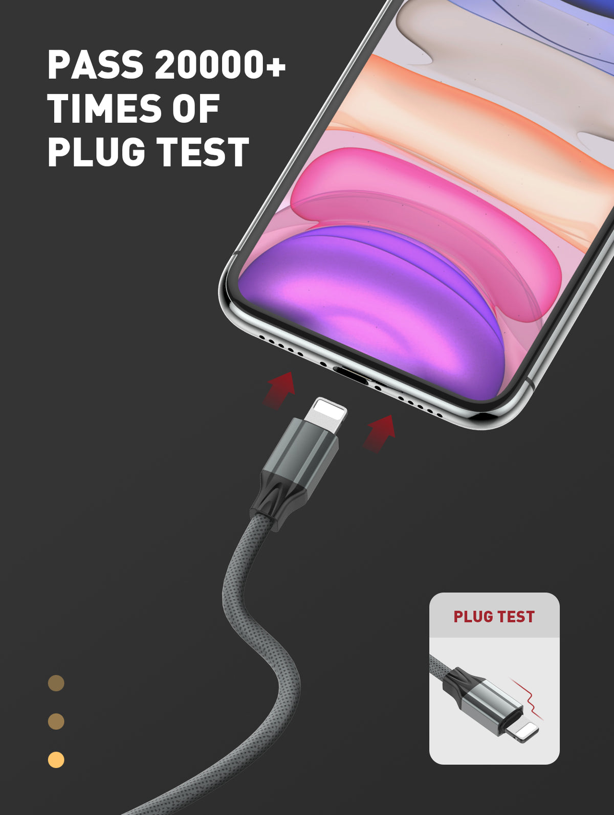 کەیبڵێکی بارگاویکردنی خێرا (2.4 ئەمپێر) بە درێژیی 1 مەتر (USB-A بۆ LIGHTING)، دروستکراو لە ماددەی TPE ی بەهێز و دژە چەمانەوە، بۆ بارگاویکردن و گواستنەوەی داتا.