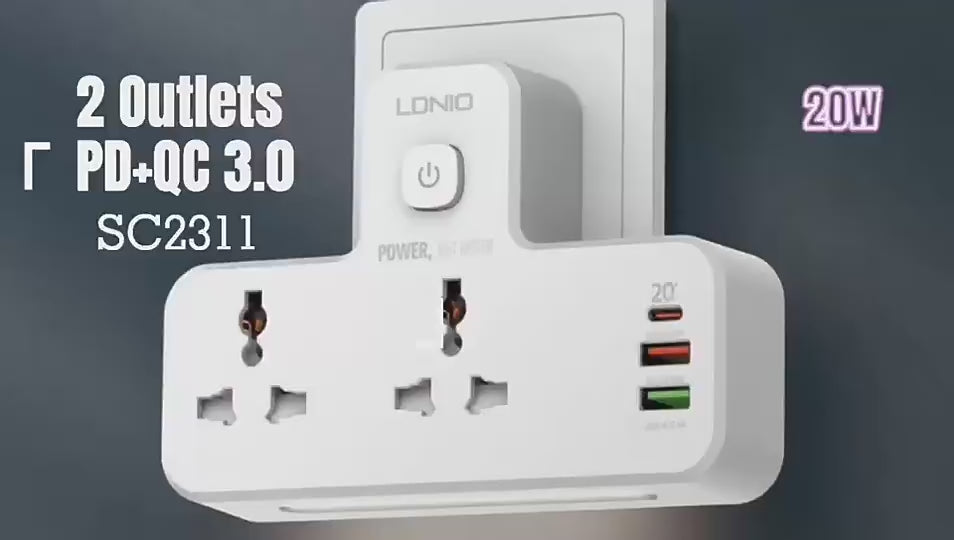 Power splitter with 2 electrical outlets and 3 USB ports with touch lighting 