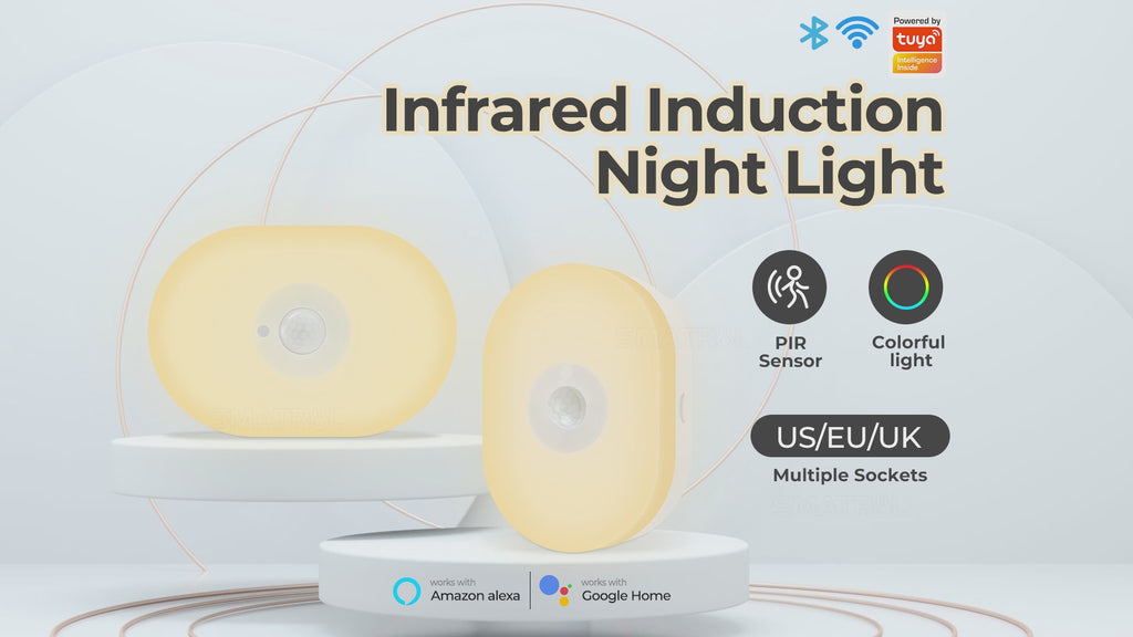 Smart color-changing WiFi night light with motion sensor and voice control – works with Tuya, Alexa, and Google.