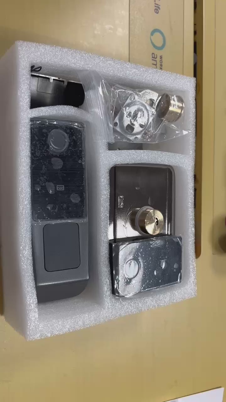 Smart exterior door lock with dual fingerprint entry (entry and exit), password and card, and Tuya Wi-Fi system. 