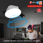 Smart human presence and motion detection ceiling sensor with mmWave radar and PIR technology, Zigbee compatible.