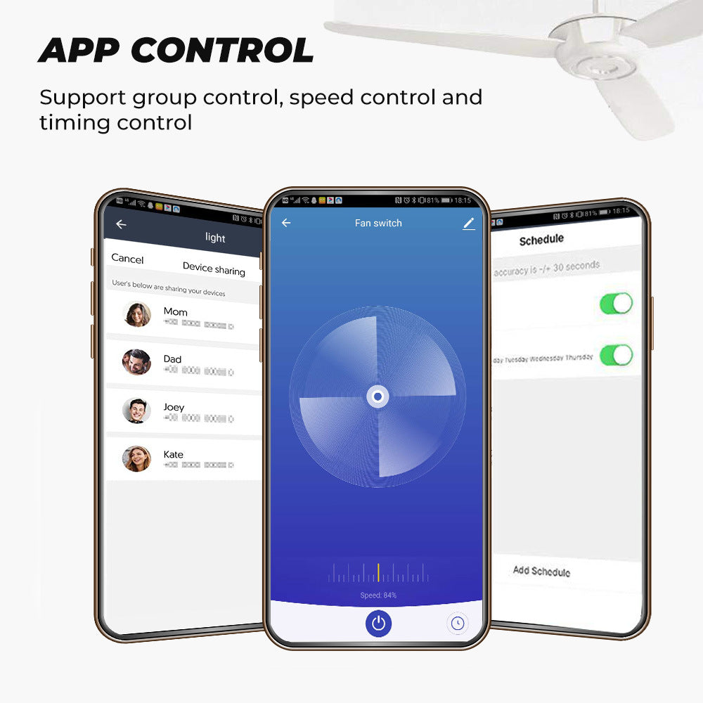 Matching fan-controller app illustration showing speed, sharing and schedules; interface and values are examples