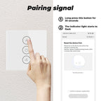 Pairing guide for the pictured three-touch-zone fan switch: upper fan button held for 30 seconds until the indicator flashes