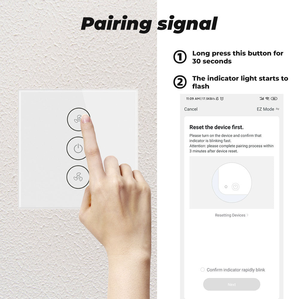 Pairing guide for the pictured three-touch-zone fan switch: upper fan button held for 30 seconds until the indicator flashes