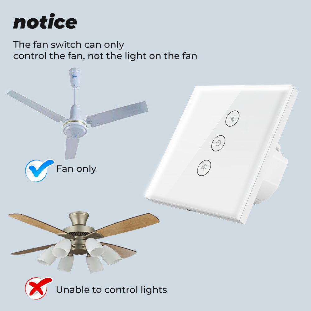 SMATRUL three-touch-zone ceiling-fan switch illustration: fan control only, not control of the fan light