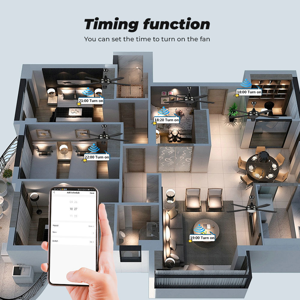 Manufacturer schedule illustration for the matching Wi-Fi fan controller; shown room times are examples