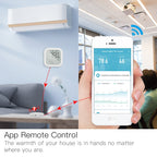 MOES square Zigbee temperature and humidity sensor app-history illustration; compatible Tuya Zigbee gateway required and displayed readings are examples.