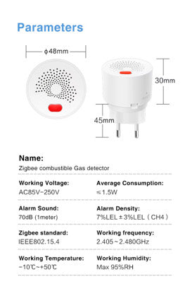 مواصفات حساس الغاز Zigbee PST-RQ500A: الإنذار 70 ديسيبل وحد الميثان 7%LEL ±3%LEL