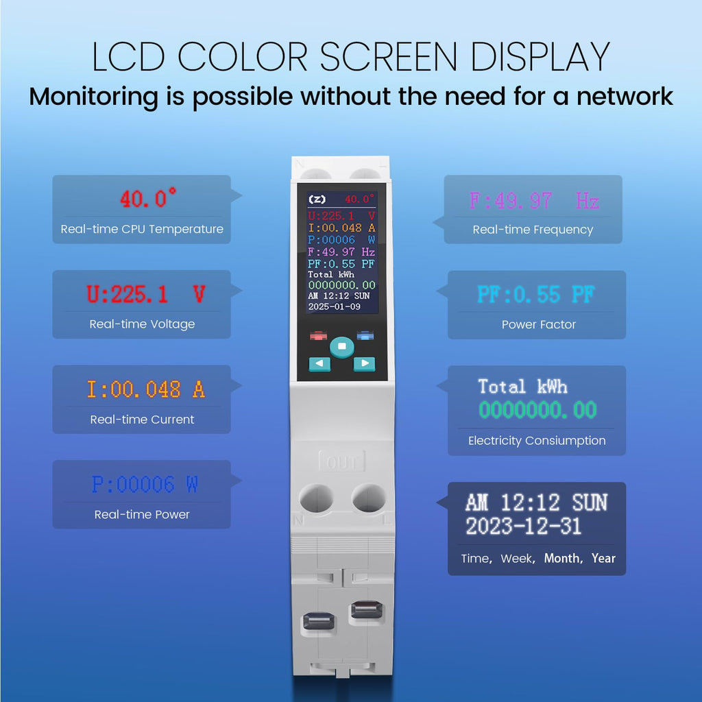 TO-Q-SYS-JZT colour LCD showing voltage, current, power, frequency, power factor, energy and internal temperature; readings are examples.