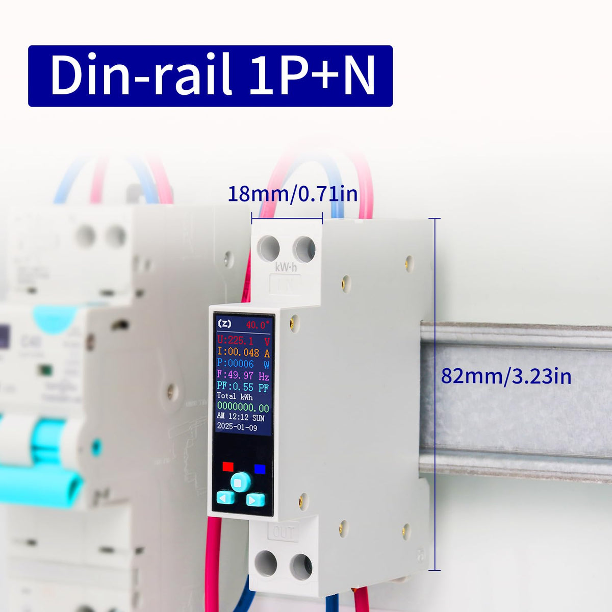 TO-Q-SYS-JZT DIN-rail meter with manufacturer-marked 18 mm width and 82 mm height.