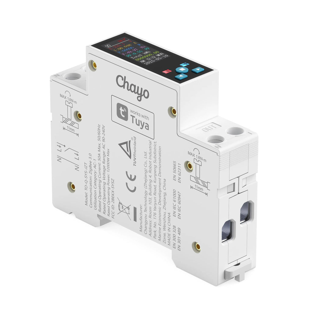 Angled view of the TO-Q-SYS-JZT Zigbee meter, with its printed model label and DIN mounting body.