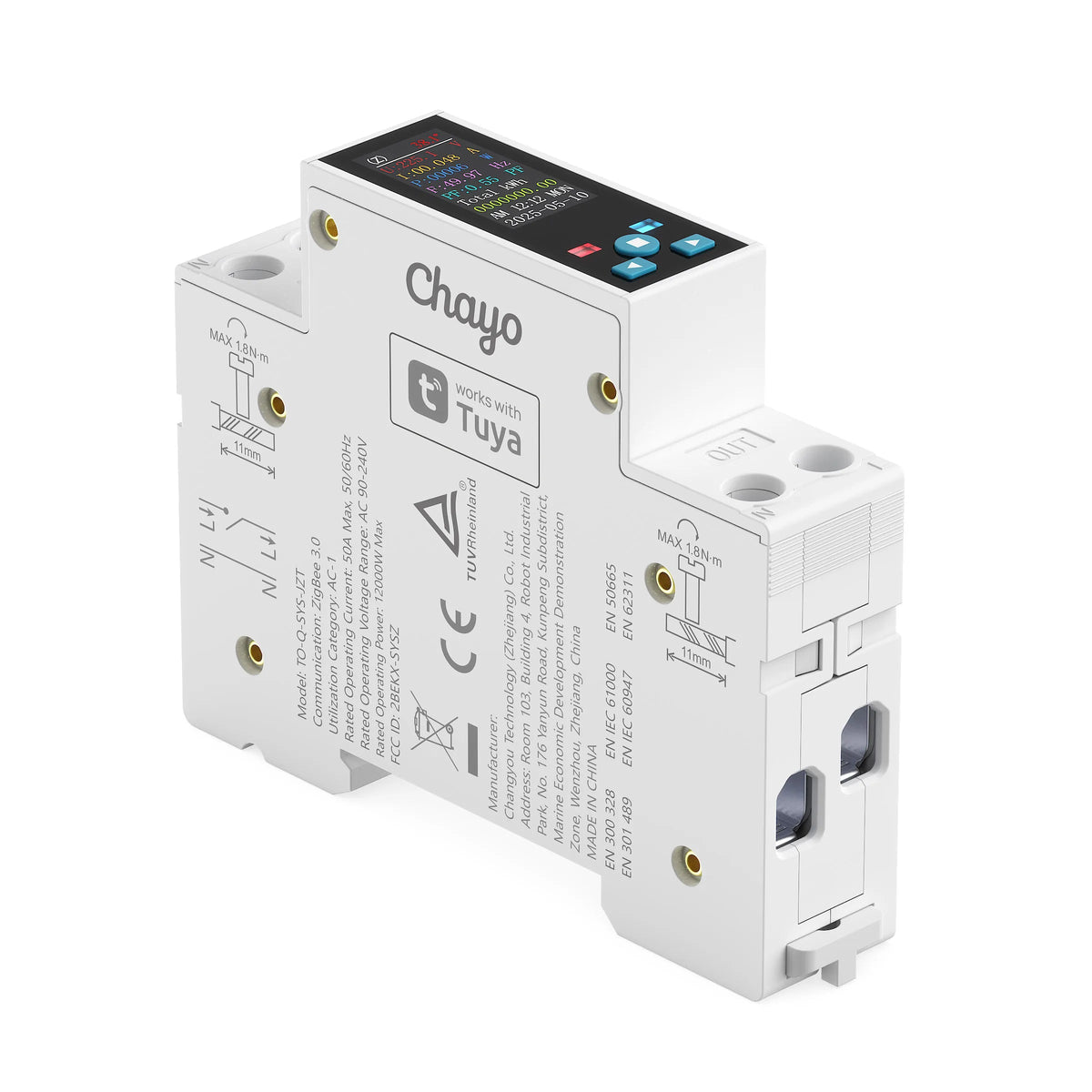 Angled view of the TO-Q-SYS-JZT Zigbee meter, with its printed model label and DIN mounting body.