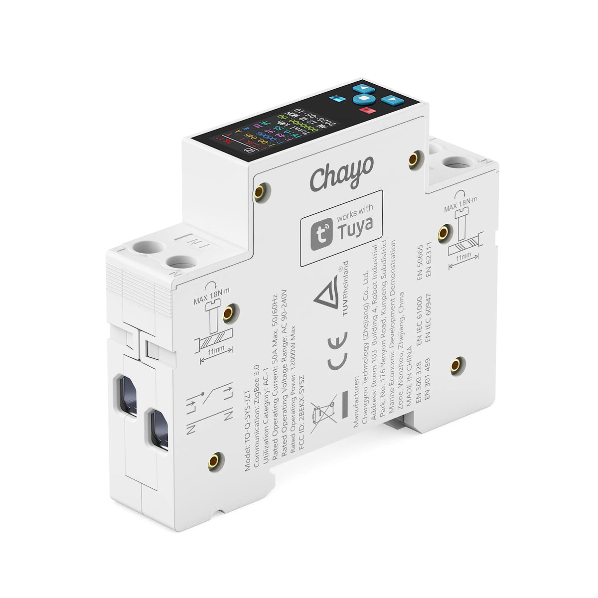 Alternative angled view of the TO-Q-SYS-JZT Zigbee meter, showing the printed label, terminals and DIN mounting body.