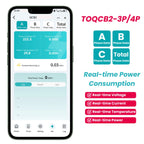 Manufacturer illustration of three-phase energy monitoring for TOQCB2-3P/4P; app readings are examples.