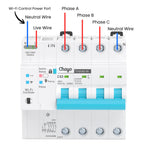 Manufacturer terminal-identification illustration for the TOQCB2-80 four-pole Wi-Fi breaker, showing main phase/neutral and separate control-supply terminals. Follow the actual unit markings and qualified installation instructions.