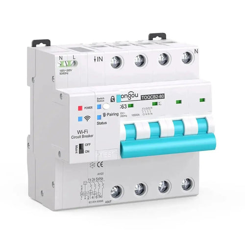Original TONGOU TOQCB2-80 C63 Wi-Fi four-pole circuit breaker, angled view.