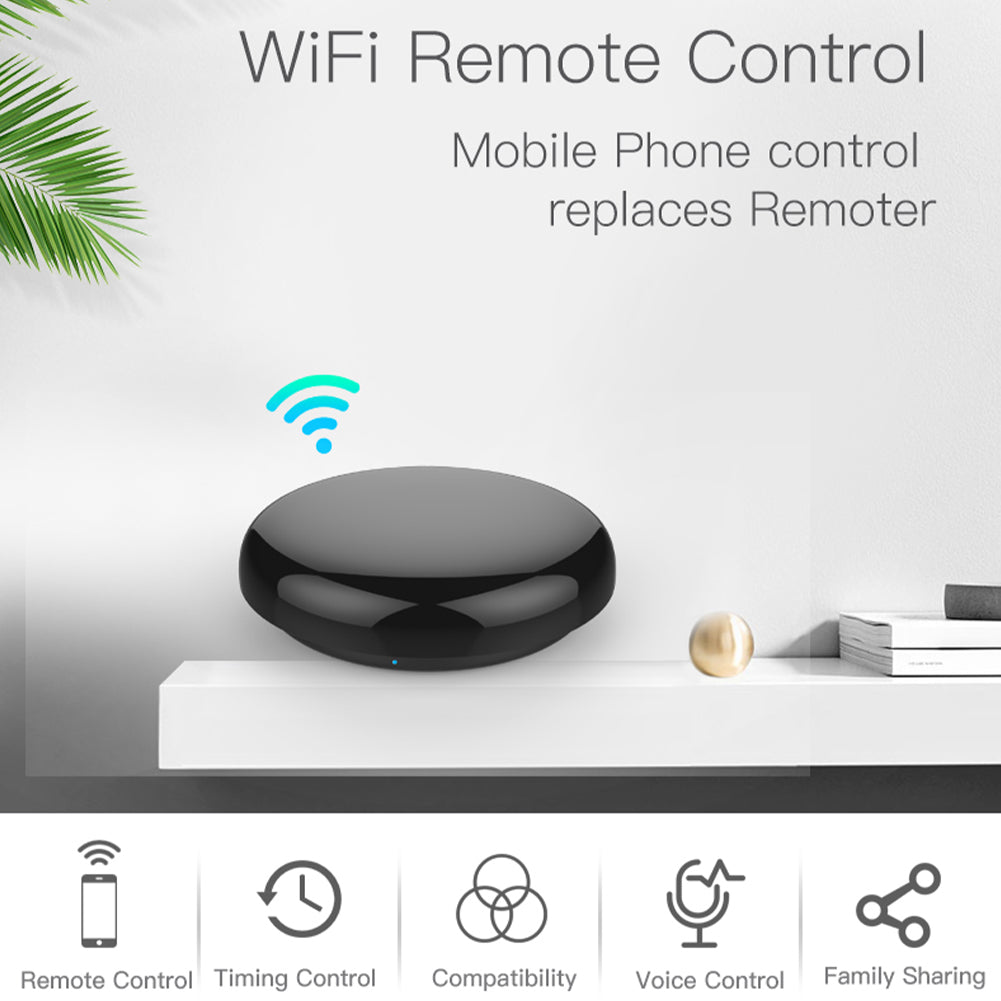 MOES UFO-R6 official overview of app remote control, supported timing, voice functions and family sharing; DIY voice commands are excluded.