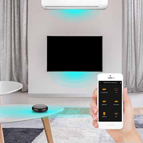 MOES UFO-R6 in a living-room example controlling compatible TV and air-conditioning IR profiles from the app; illustration.