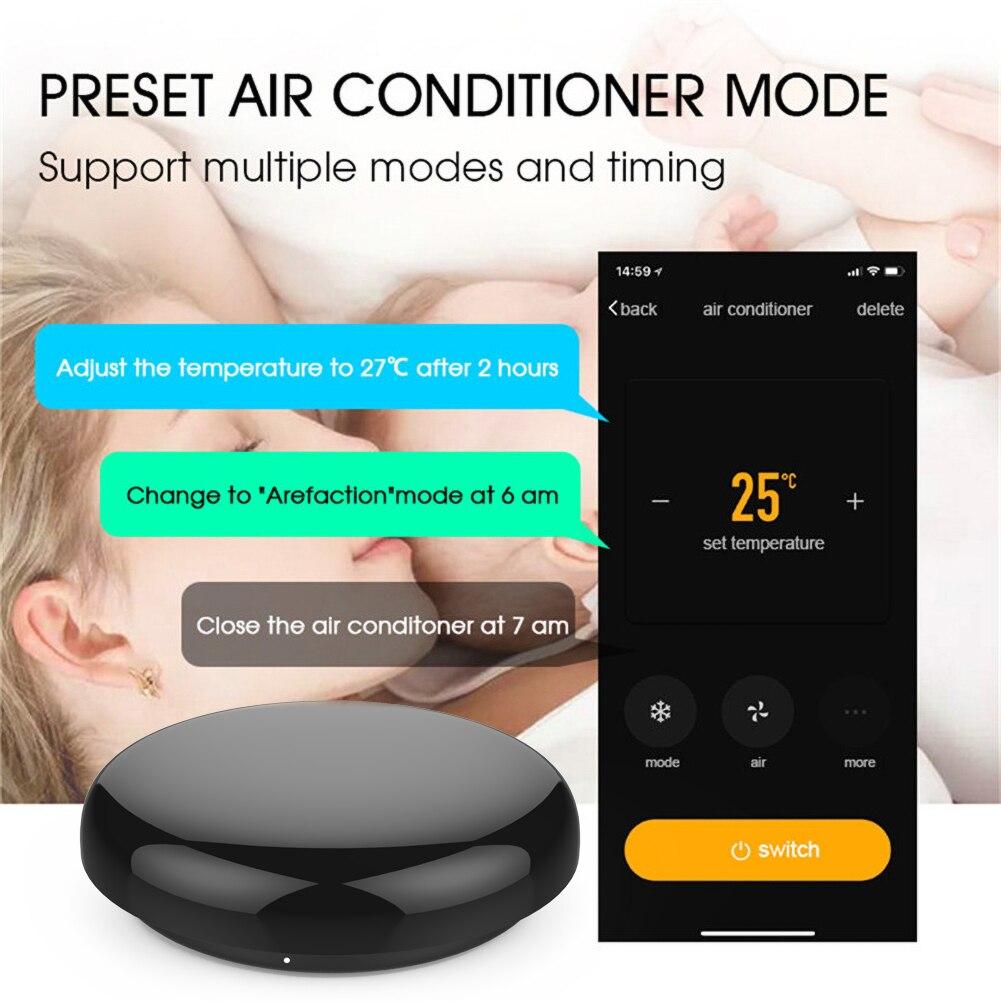 MOES UFO-R6 manufacturer illustration of compatible air-conditioner modes and timed commands; temperatures and times are examples, not universal compatibility.
