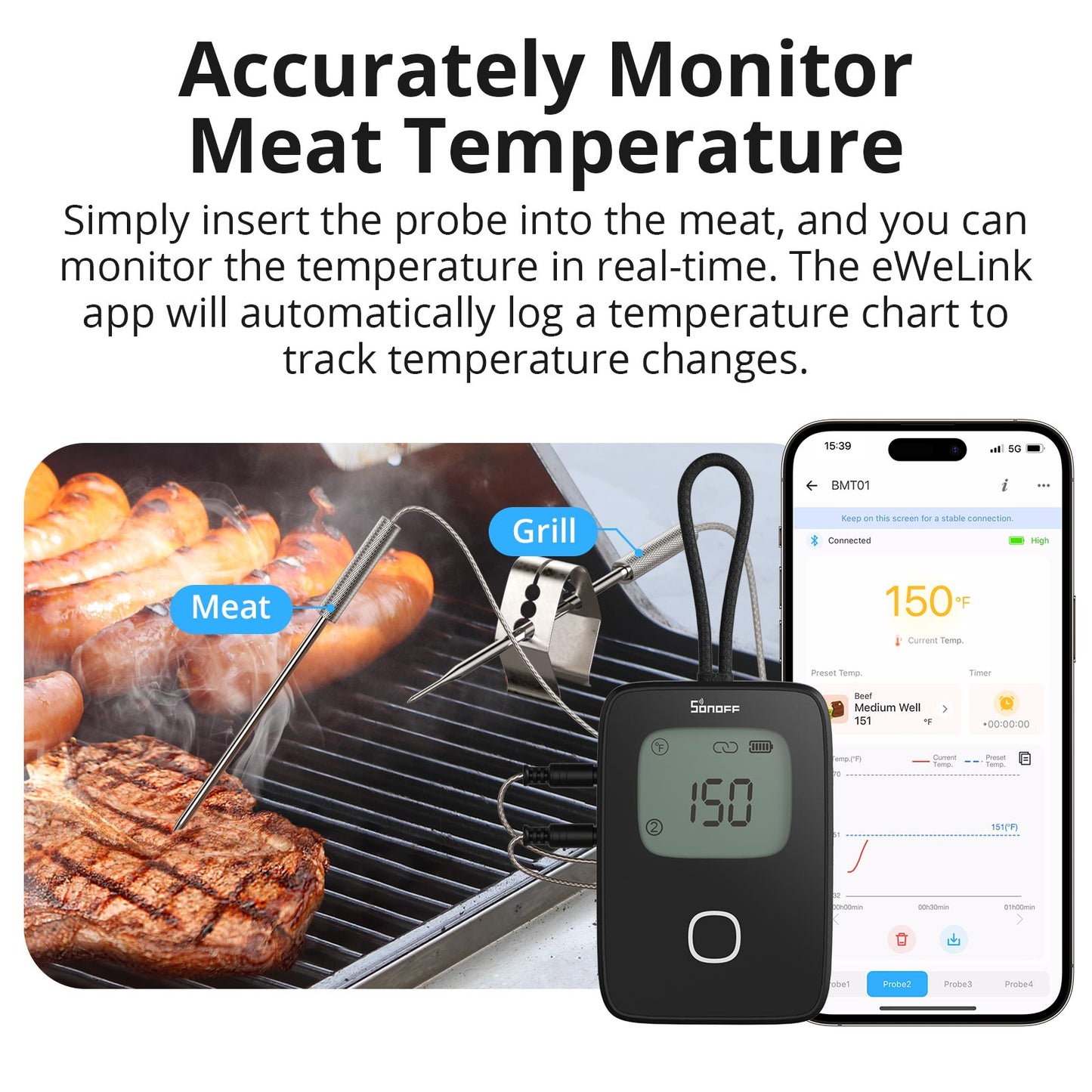 مقياس سونوف الذكي لدرجة حرارة لحوم الشواء والطبخ (BBQ) مع ميزة المراقبة الدقيقة | BMT01