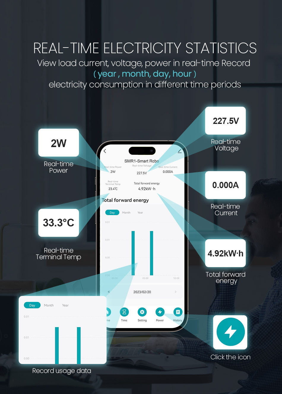 TOSMR1 real-time app readings — manufacturer illustration with example values