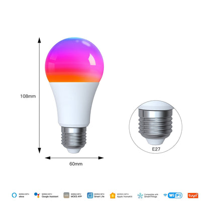 مصباح LED ذكي Tuya Matter (WiFi) بقاعدة E27 - إضاءة RGB ملونة وقابلة للتعتيم (2700K-6500K)