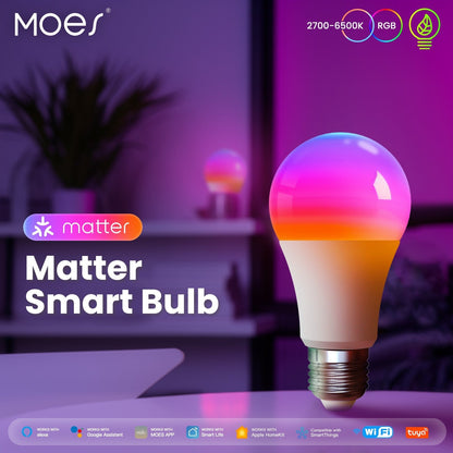 مصباح LED ذكي Tuya Matter (WiFi) بقاعدة E27 - إضاءة RGB ملونة وقابلة للتعتيم (2700K-6500K)