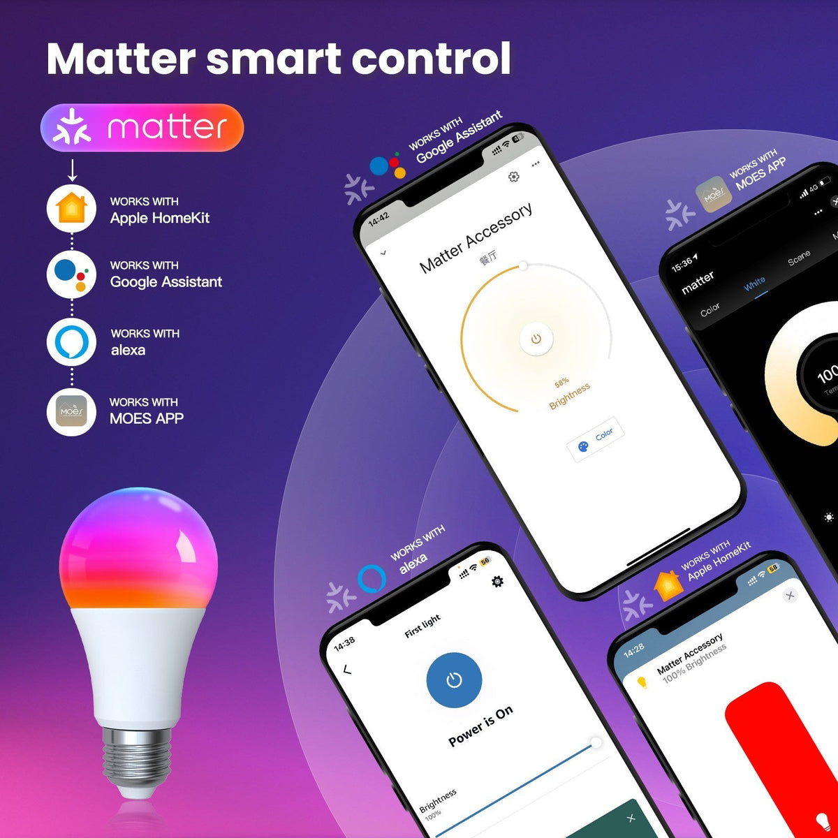 گڵۆپی زیرەکی Tuya Matter (WiFi) بە بنکەی E27 - ڕووناکی RGBـی ڕەنگاوڕەنگ و توانای کاڵکردنەوە (2700K-6500K)
