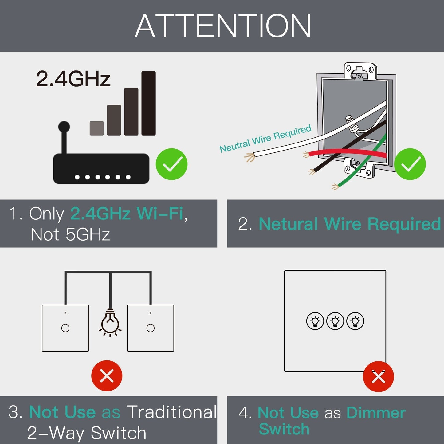 مفتاح إضاءة ذكي باللمس (WiFi + RF433) من 1 إلى 4 خطوط - تحكم متعدد من moes