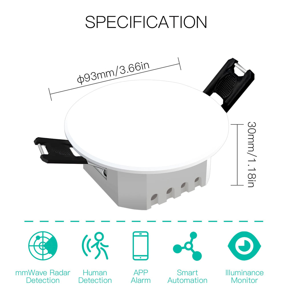Smart human presence and motion detection ceiling sensor with mmWave radar and PIR technology, Zigbee compatible.